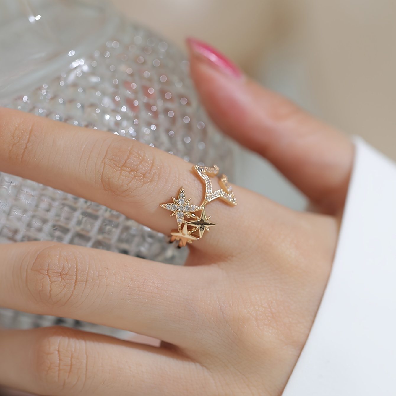 Image of A Niche Exquisitely Designed Light Luxury Romantic Open-ring For Women, With Sparkling Synthetic Zirconia Stars