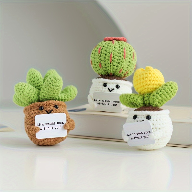 

1pc Creative Knit Diy Mini Potted Plant Decoration, Mixed Color Handmade Cactus, & With Encouragement Card, Ideal Gift For Beginners, Couples, Spouses, Colleagues, Friends