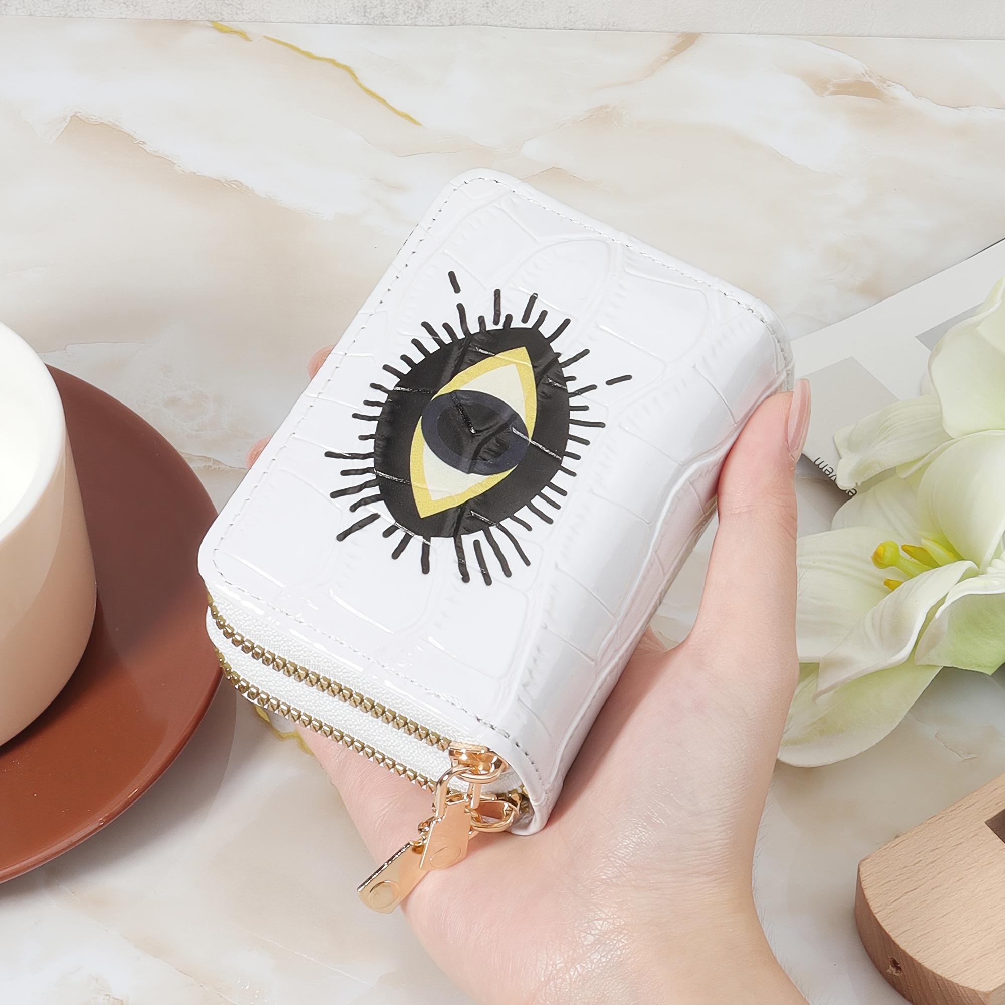 

New Cartoon Eye Printed Short Wallet With Double Zippers: High-quality Pu Material, Lightweight, And Suitable For Travel - Women' Card Bag