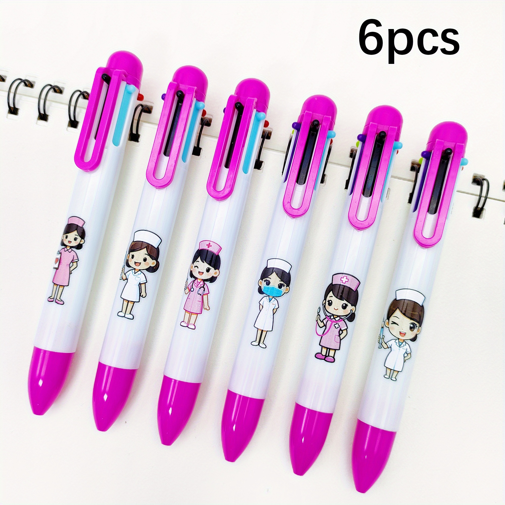 Image of 6pcs/12pcs Women's Nurse Themed Multicolor Ballpoint Pens, Special Multicolor Pens, Six-color Ballpoint Pens For Highlighting And Note-taking