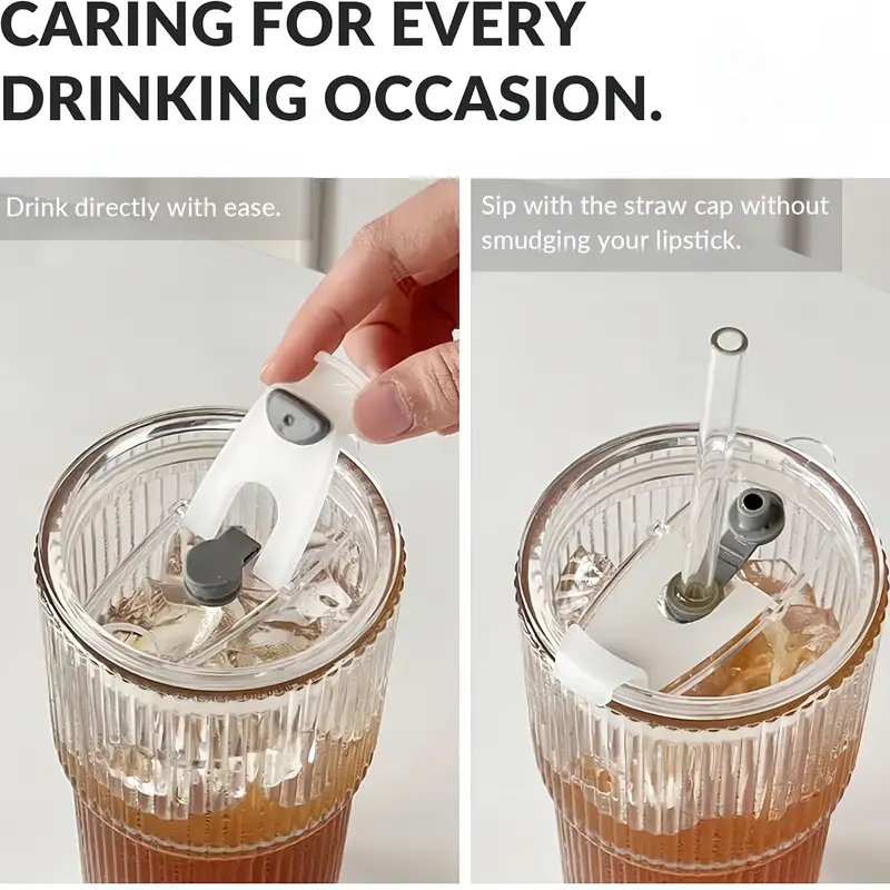2pcs ribbed glass with straw and plastic lid and straw brush iced coffee cocktails etc suitable for home office party supplies 20 ounces Product details 4