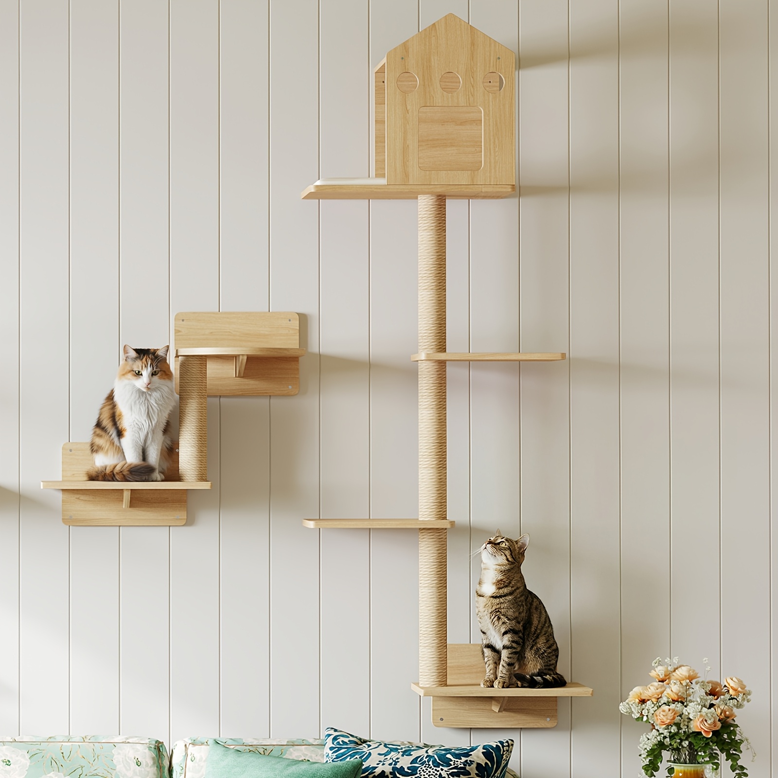 Wooden Wall-mounted Cat Tree, Suspended Cat Wall Climbing System, With Cat House, Sisal Scratching Posts And Multiple Platforms, Suitable For Bedrooms, Living Rooms
