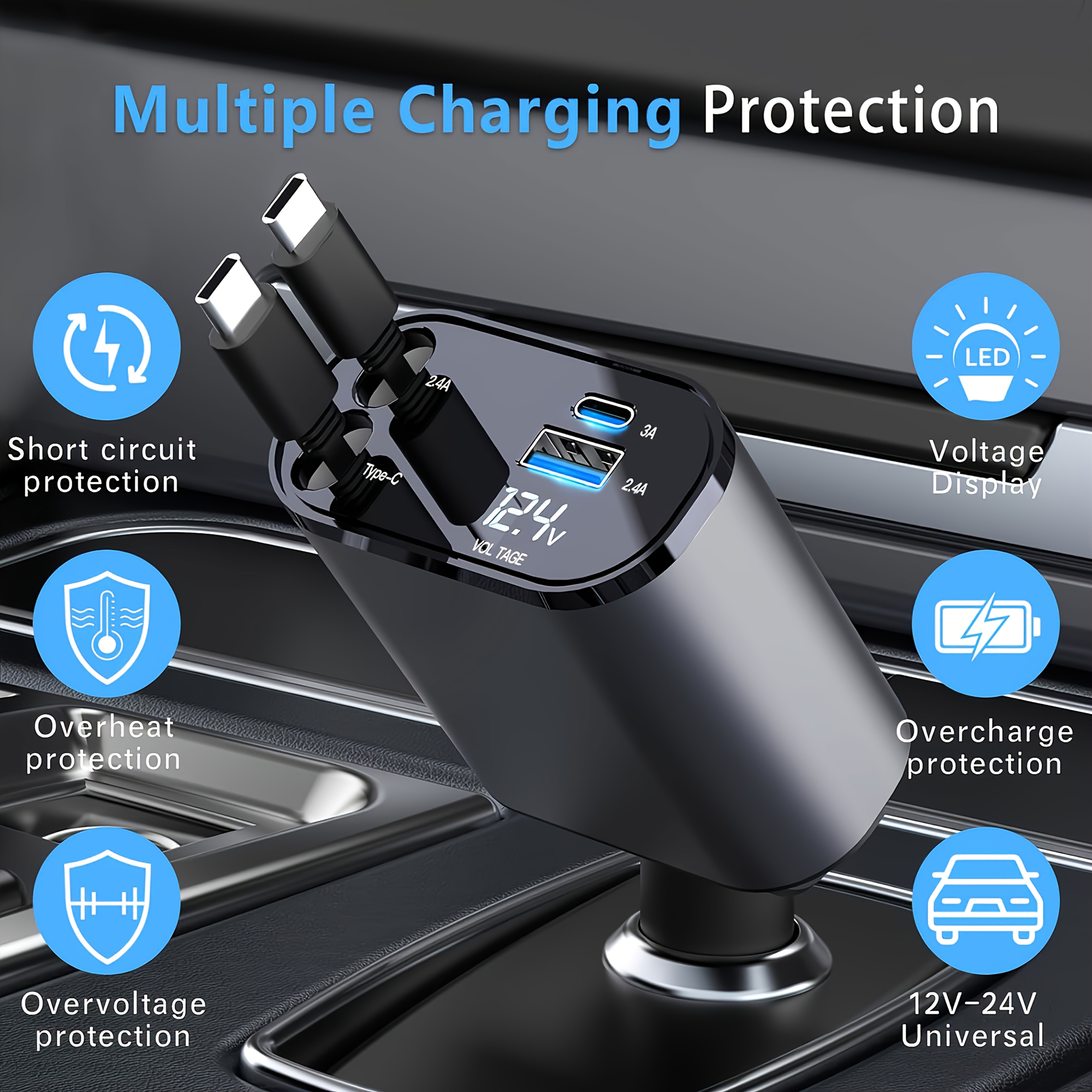 TEMU 120w 4-in-1 Aluminum Car Charger With Retractable Cables - " Dual Usb & Type-c Ports, For Smartphones & Devices, For Backseat, Car Electronics