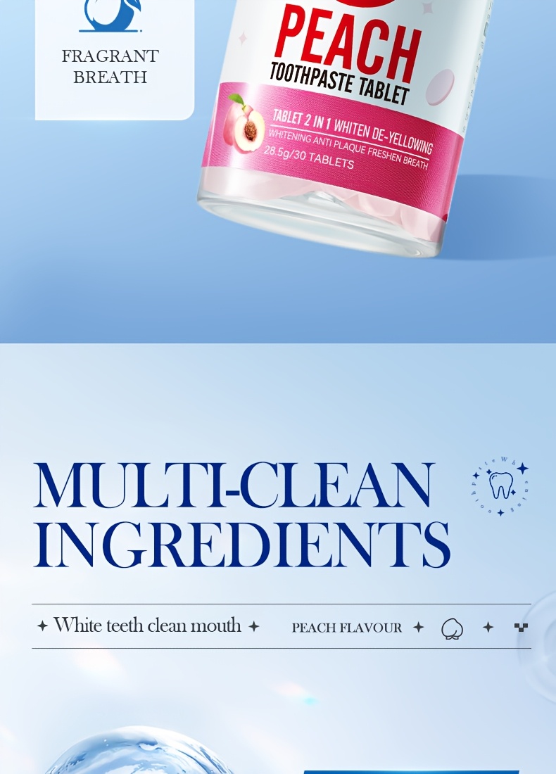 Peach Whitening Solid Toothpaste Tablets. Fresh breath, clean the mouth, and remove tooth stains by using this product. Brighten teeth.