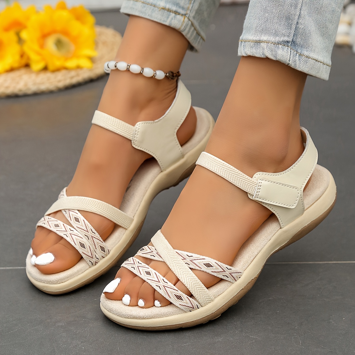 womens summer breathable lightweight adjustable straps open toe sandals with soft tpr sole ankle bracelet casual sporty   for walking     summer footwear decorative braided detail cushioned   insole Product details 7