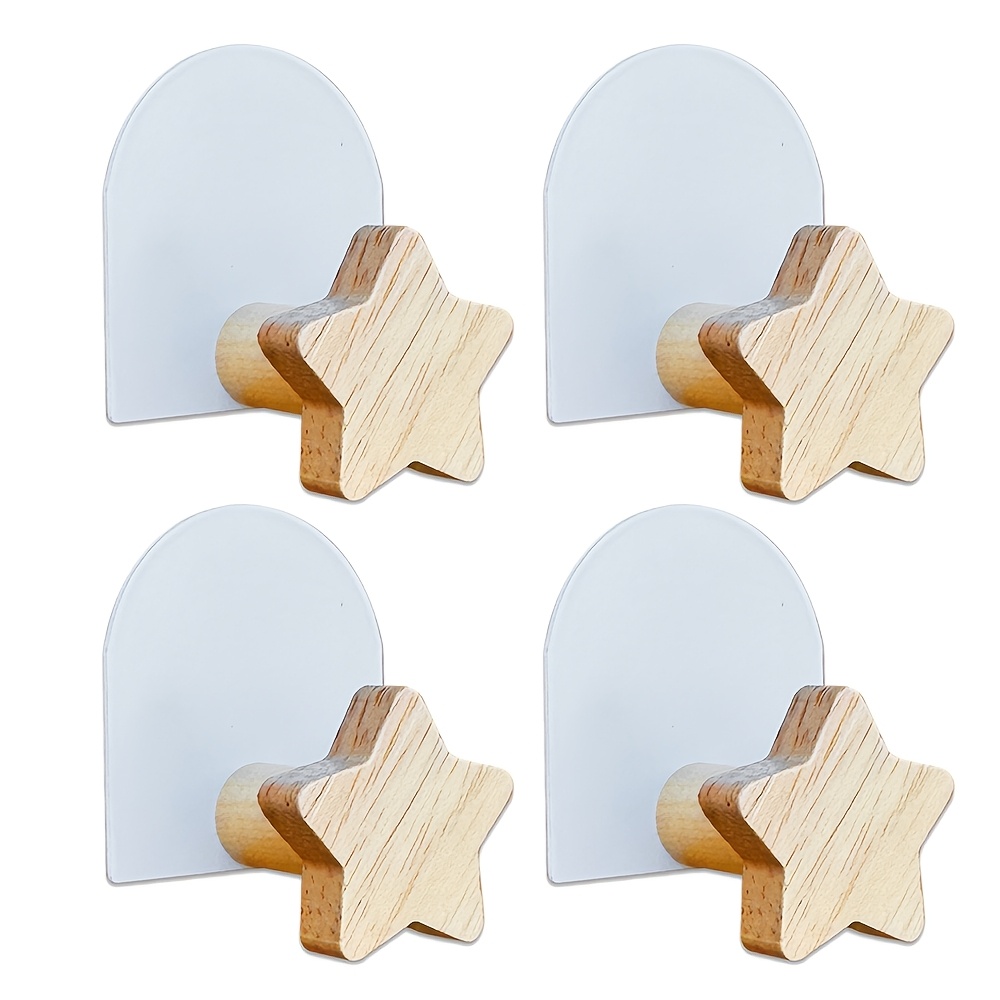 TEMU 4pcs Set, Heart, Flower, And Star Solid Wood Coat Hooks With Metal Base, Wall-mounted Adhesive Hooks