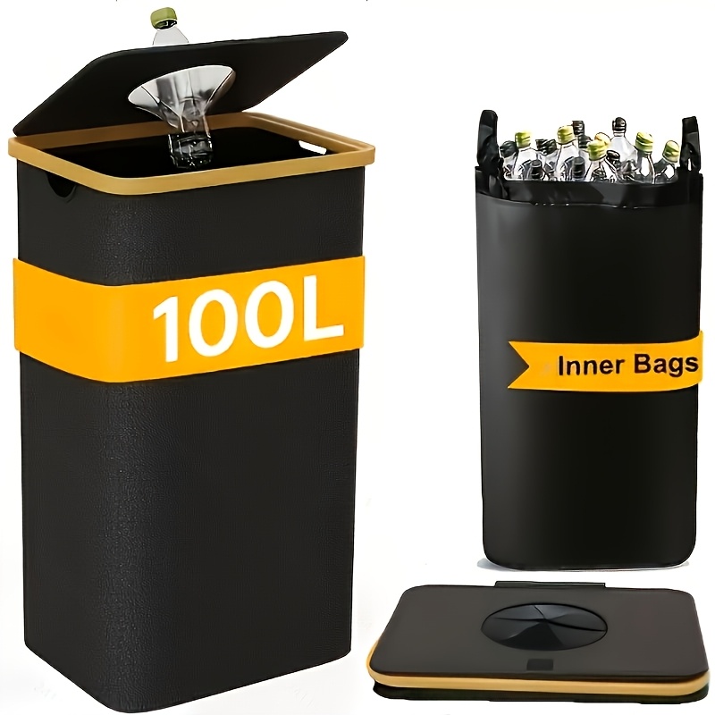 TEMU 100l Large Kitchen Recycling Bin, With Lid And Xxl Handle Bag - Heavy-duty Fabric Structure, Foldable Design, Lid-equipped Pull-out Trash Can,