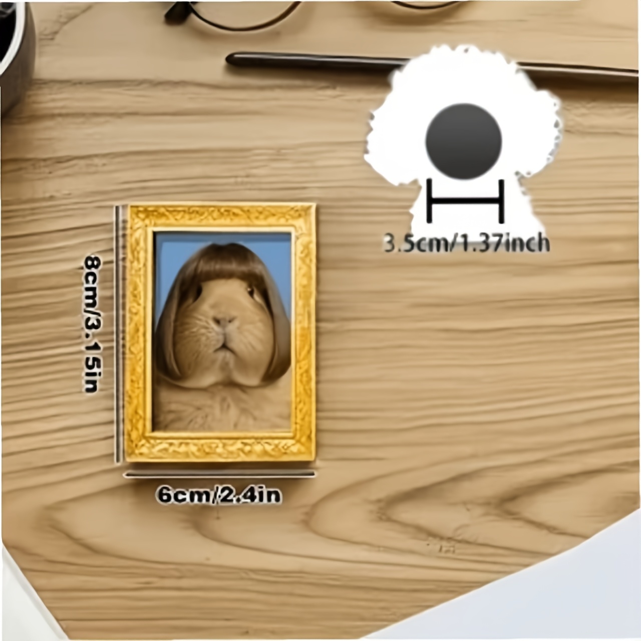 TEMU 1pc Vintage Humorous Wooden Square Mini Photo Frame For Refrigerator Decoration, Featuring A Guinea Pig With Bangs And A Bob Haircut, With An