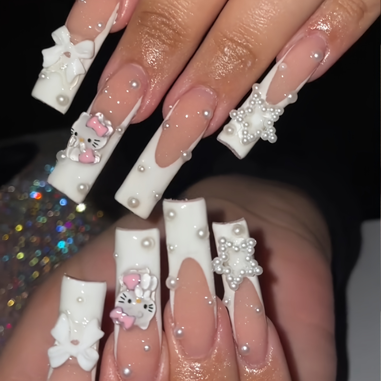 Image of Get With 24pcs Ultra-long Rectangular Water Pipe Nails 3d Stereoscopic Pearl Star Cute Hello Kitty Decor White French Edge Full Coverage False Nail Sticker Set For Women And