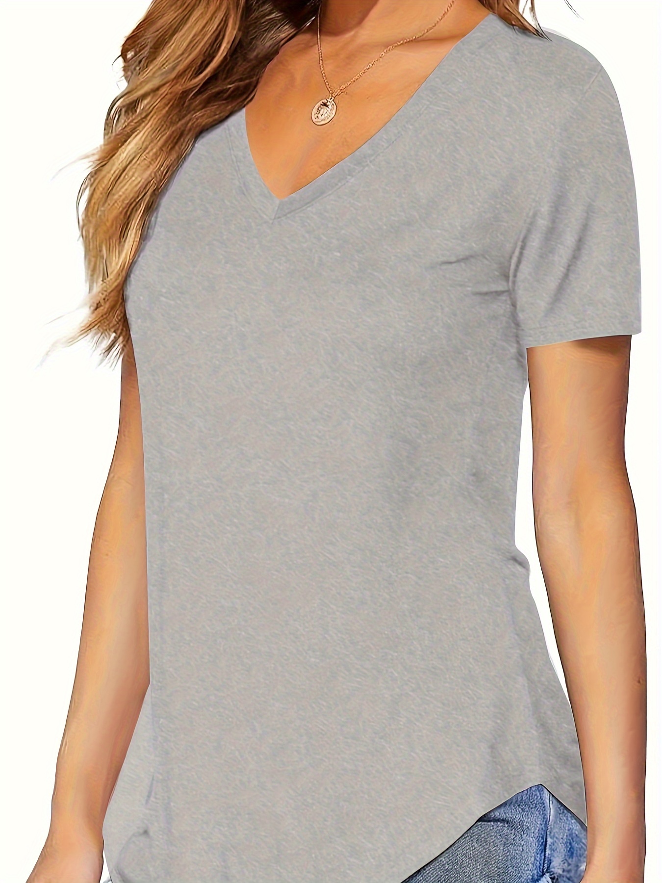 Solid Color Casual Short Sleeve T-shirt, V-Neck Running Sports Tee, Women's Activewear