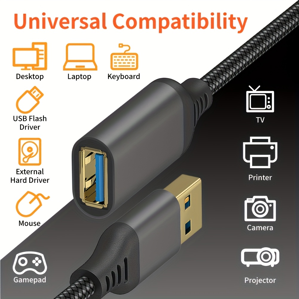 1pc Durable Nylon Braided USB 3.0 Extension Cable, 3.05meter/201.17cm/100.58cm/48.77cm, Type A Male to Female, 5Gbps High-Speed Data Transmission, Compatible with Desktop, Laptop, Keyboard, Mouse, External Hard Drives, Printers, Gamepads, Cameras, Projectors - No Power Loss, Long-Lasting Plug Stability