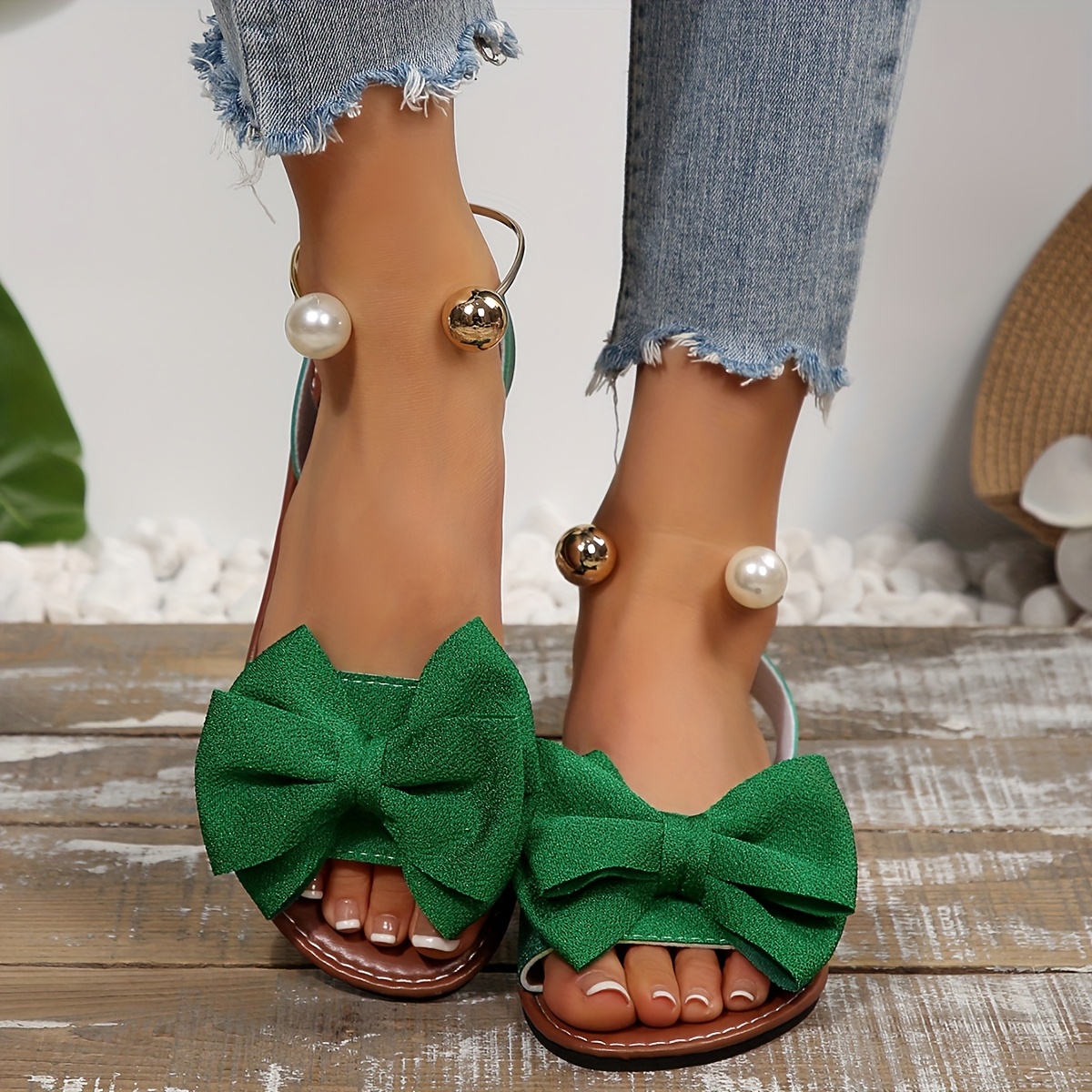 new   size womens comfortable and simple round toe open toe flat sandals with bow decoration and metal beads   casual summer beach   Product details 5