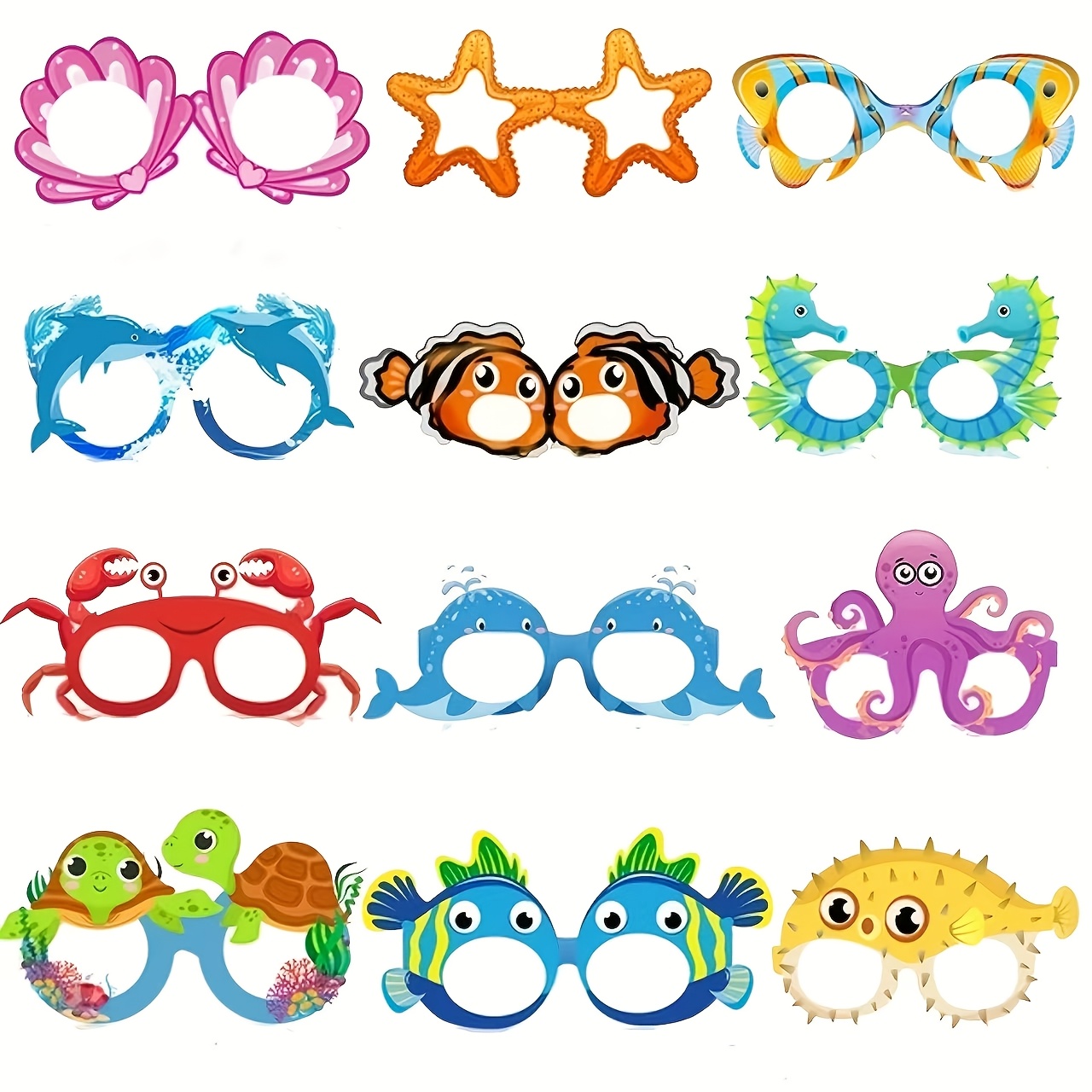Image of 12-pack Paper Glasses Featuring Ocean Animals For Birthday Parties, Perfect For Photo Props And Decorations, Including Cartoon Sea Creatures Like Sharks, Turtles, And