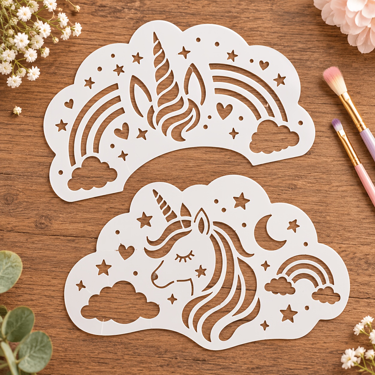 TEMU 2 plantillas de unicornio, reutilizables, ideales para maquillaje de fiestas, decoración de regalos, graffiti, adornos de tarjetas de