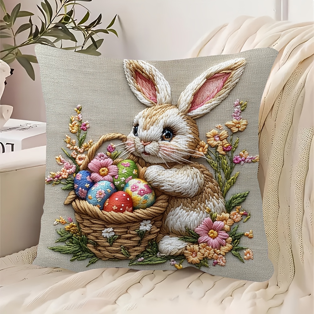 

1pc 18x18 Inch Easter Bunny Plush Pillow Cover - Double-sided Cute Bunny With Basket Of Eggs & Flowers Design, Soft Polyester Fabric, Sofa, Bedroom, And Party Decor (no Insert)