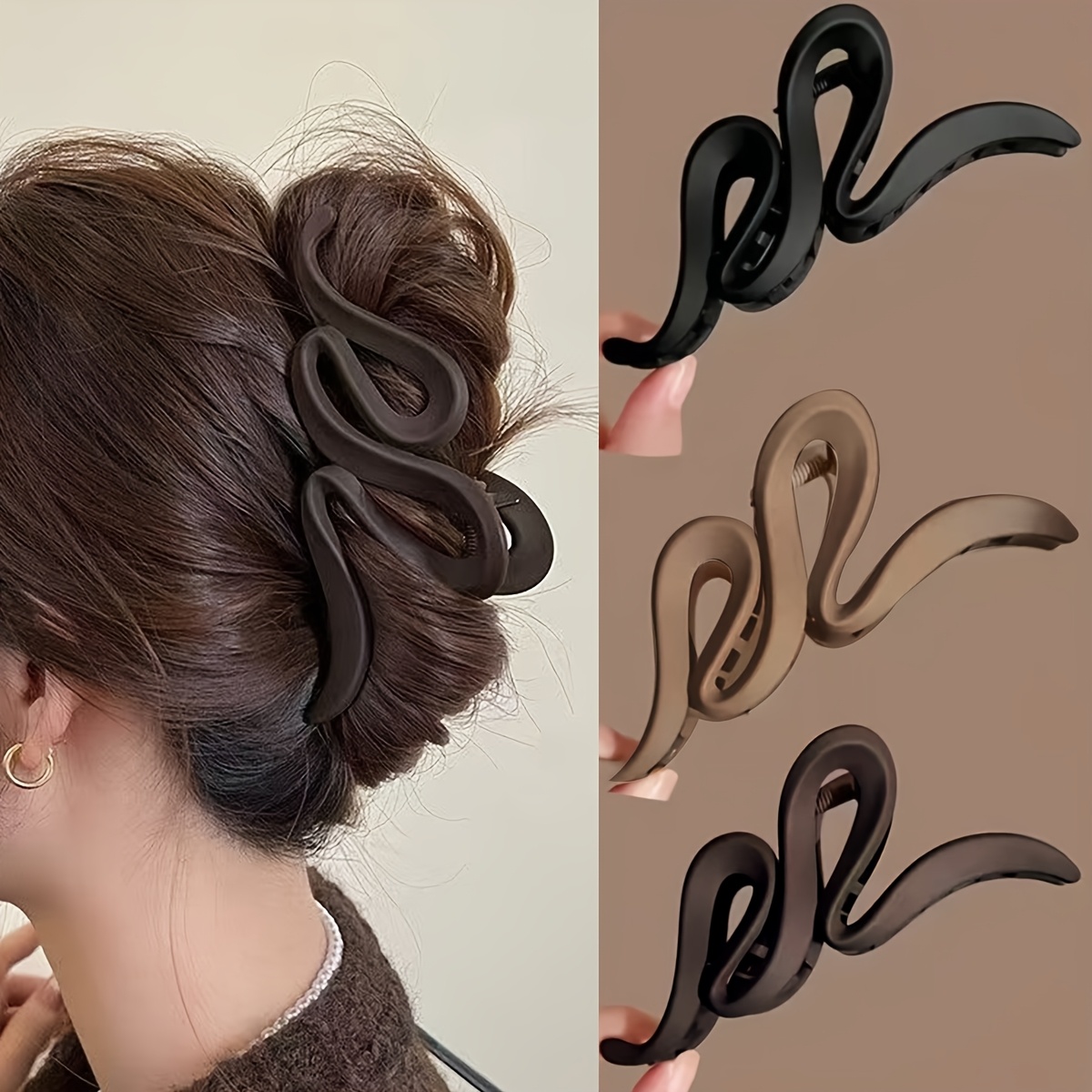 E-shop 1 Set mit 3 Stück (1 Braun, 1 Beige, 1 Schwarz) Große, matte, gewellte Haarspangen für Damen - Vintage Y2K Style, einfarbige Haarklammern -