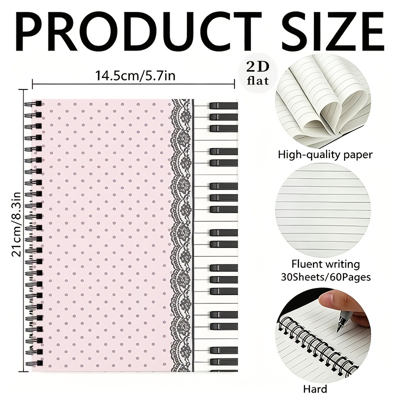 TEMU Agenda spirale à pois roses et touches de piano, 30 pages avec 60 pages de bobines de design, pour la rentrée scolaire, les fêtes d'Halloween et