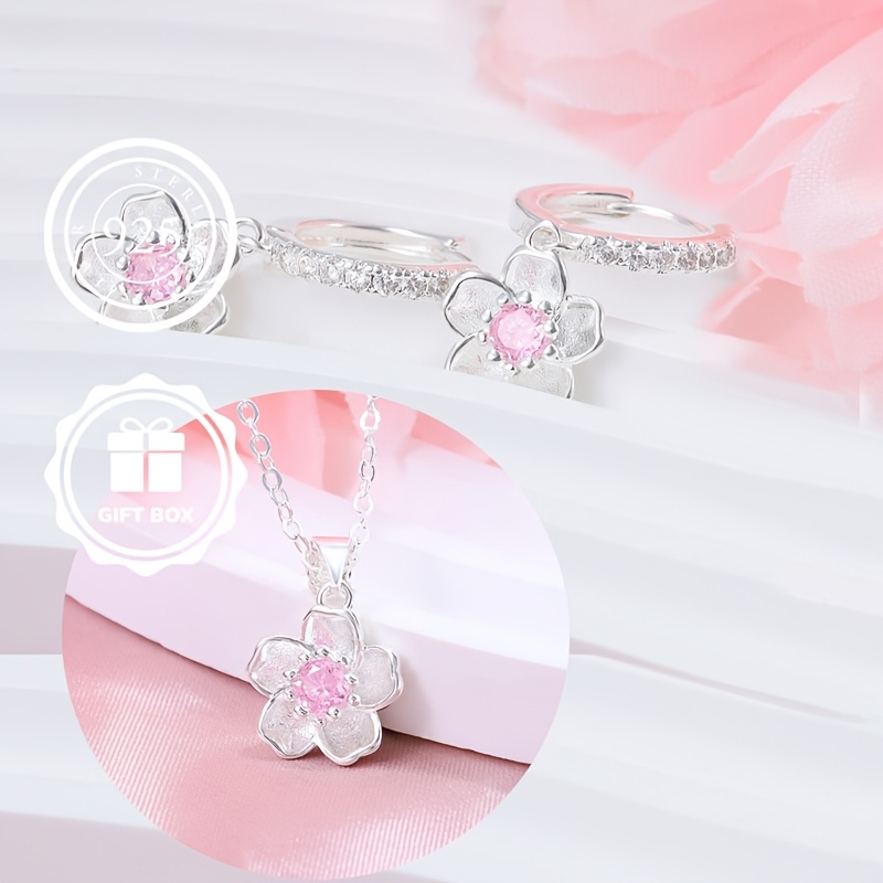 S925 Pink CZ Cherry Blossoms Necklace and Hoop Earrings Set