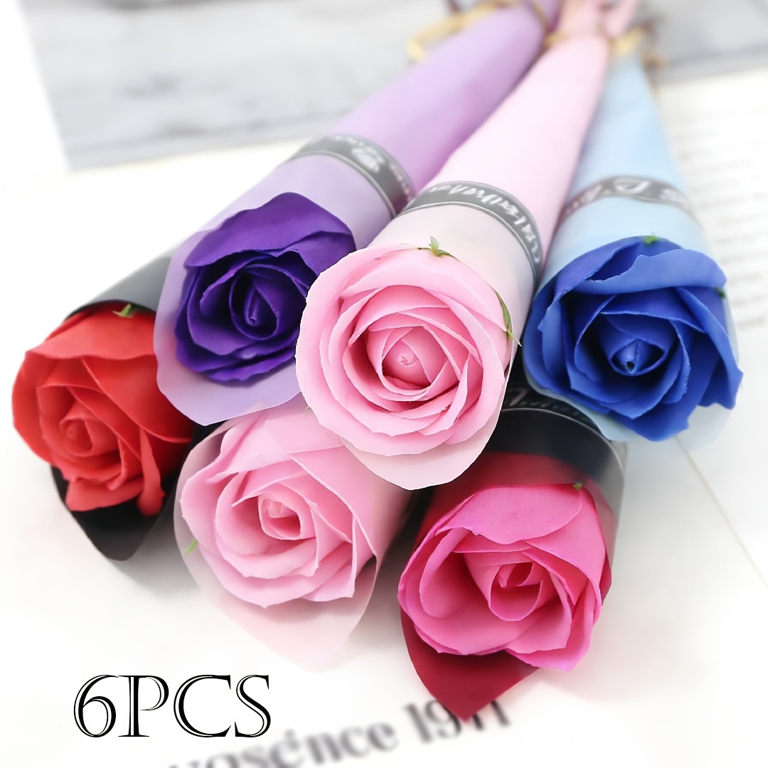 6pcs Soap Flower Rose Artificial Flower Bouquet Multicolor Rose Wedding Flower Decoration Graduation Gift Scrapbooking Valentine's Day Gift Anniversary Flower Set, Christmas Decor, Halloween Decor