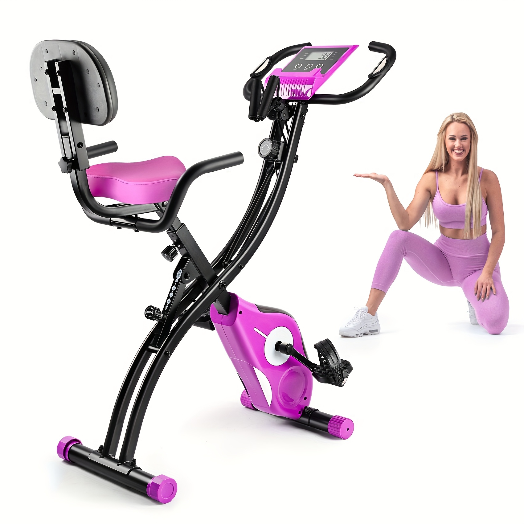 TEMU Folding Exercise Bike Stationary Exercise Bike With Support Back Pad Drawstring Digital Display Seat Cushion Arm Sensor Multifunctional Fitness
