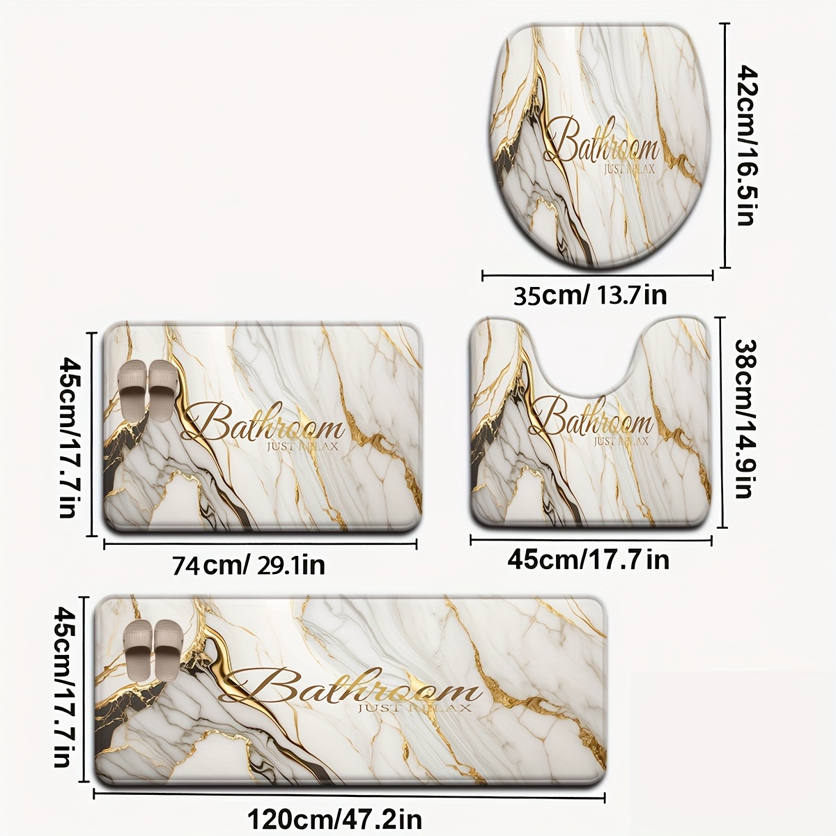 E-shop [Offen] 3-teiliges/4-teiliges Badezimmermatte-Set mit vergoldenetem weißen Marmormuster, Toilettendeckel-Sitz U-förmige Fußmatte
