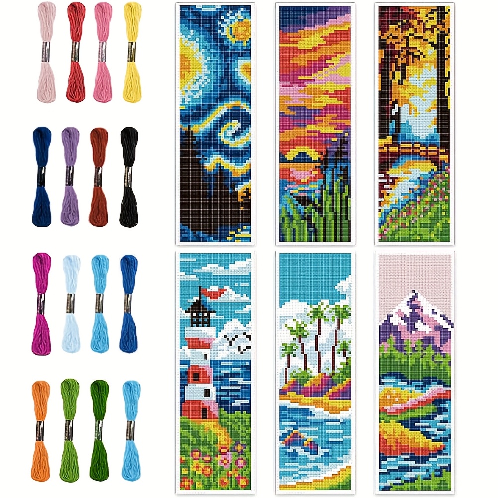 TEMU Set di Fai-da-te Tema Paesaggi da 6 pezzi - 6 tessuti per punto croce stampati, di filo, strumenti per (colori casuali) e manuale di istruzioni