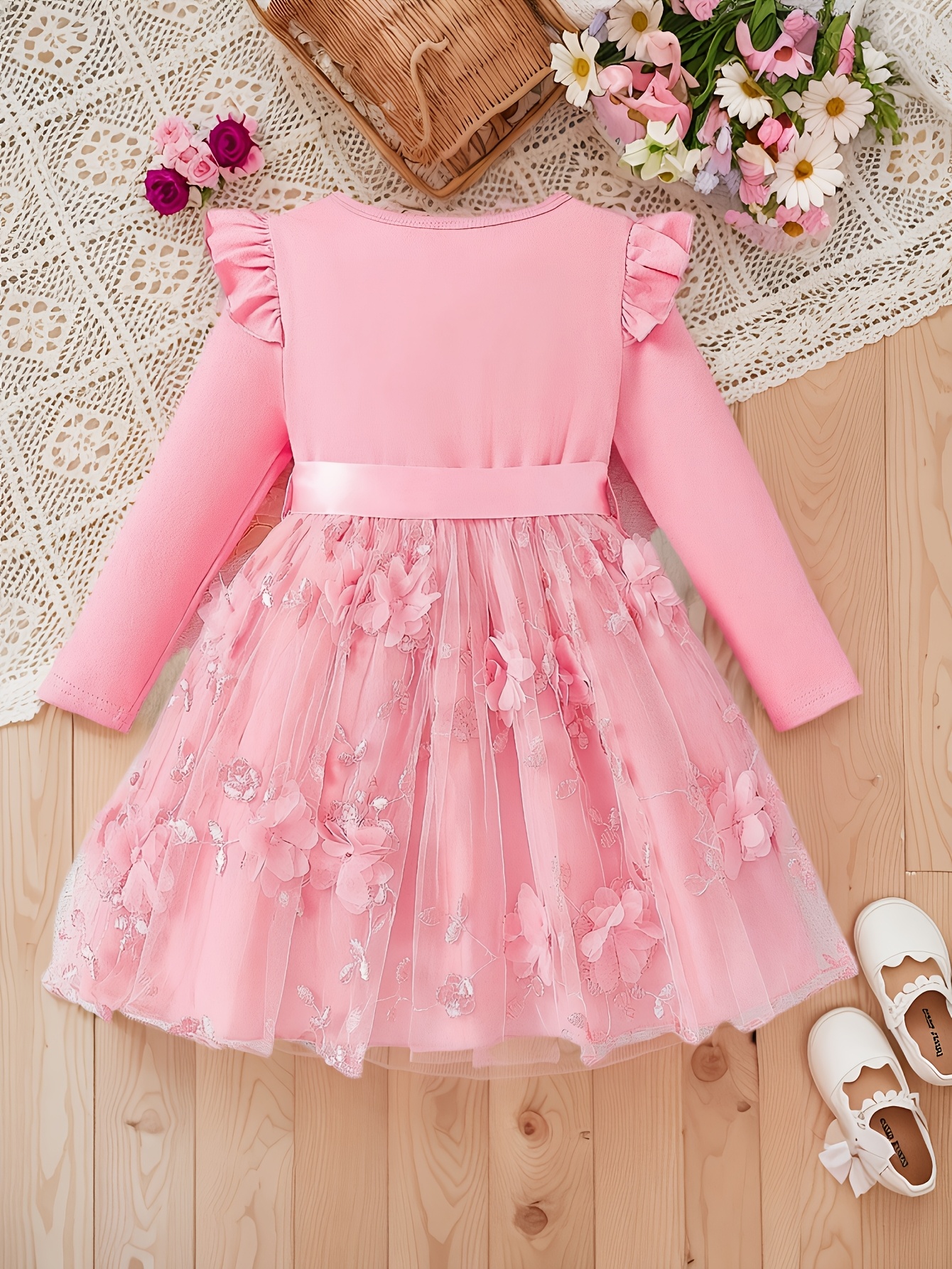 princess a line dress belt long sleeve ruffle pink petal - Temu Hungary