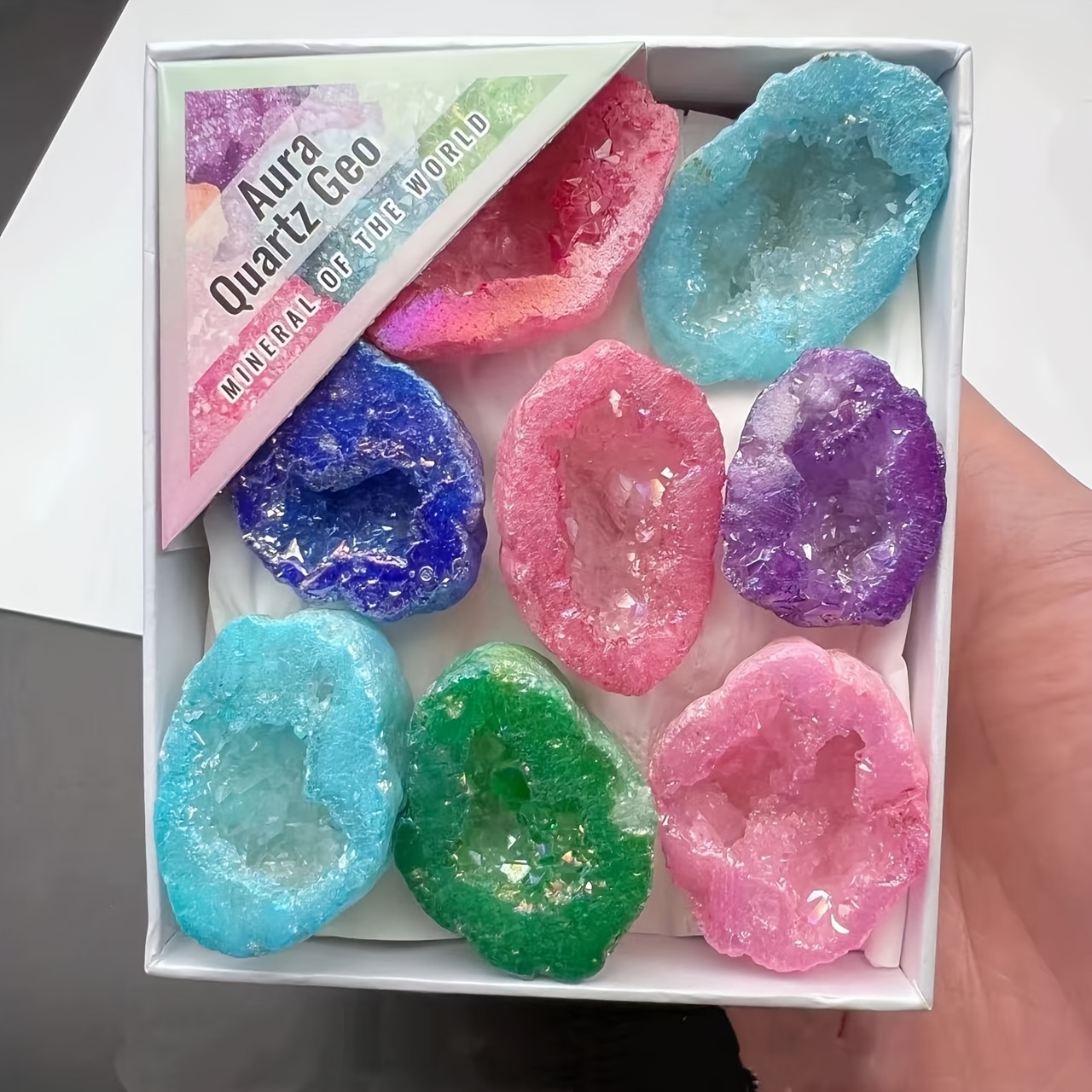 Image of 9pcs Natural Stone Agate Aura Box Set Electroplated Agate Geode Colorful Irregular Bulk Gift Box Specimen Mineral Educational Display Holiday Gifts For Men Women Friend Loose Gemstone