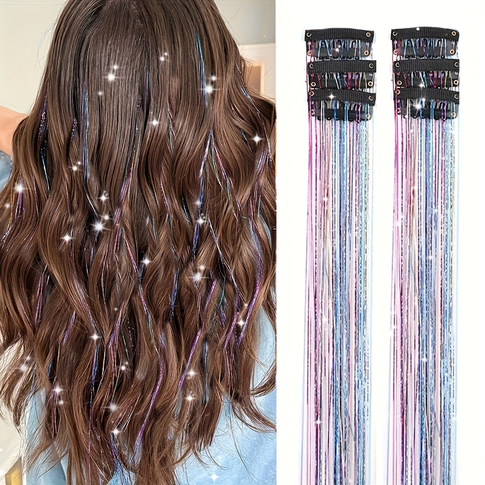 E-shop 6er-Set Haarlamettaufsteckclips 19.6 Zoll Glitzer Lametta-Haarextensions Clip-In Kit Hitzebeständige Glänzende Feenhaarschmuck für Frauen und