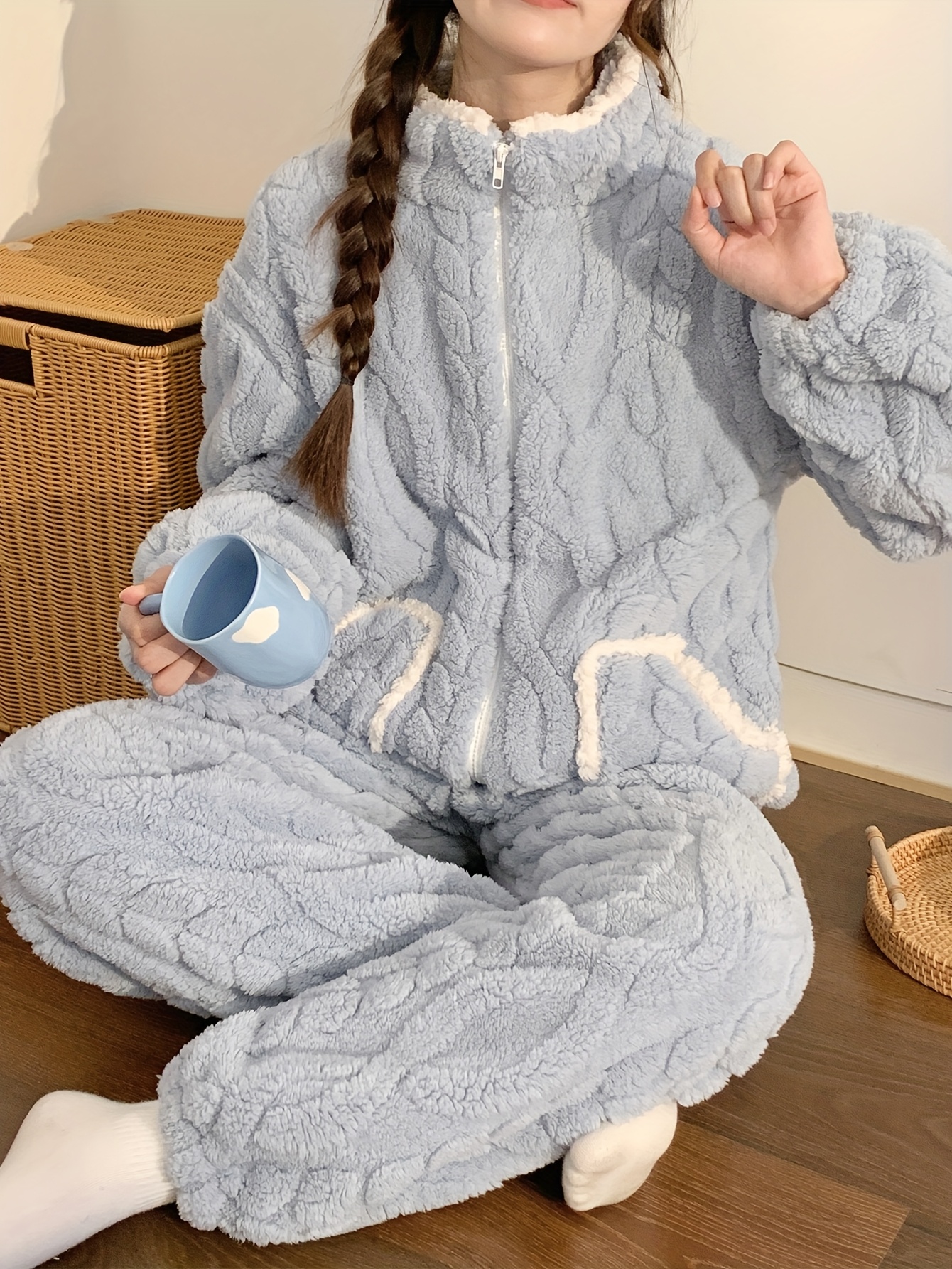 a warm thickly lined zipper flannel pajama set women Temu Australia