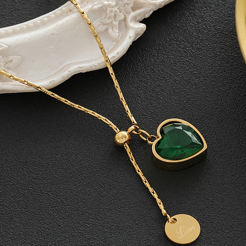 TEMU 1pc Fashionable And Exquisite Stainless -shaped Women's Necklace, Not Easy To , Inlaid With Green Cubic Zirconia Design, Suitable For Daily