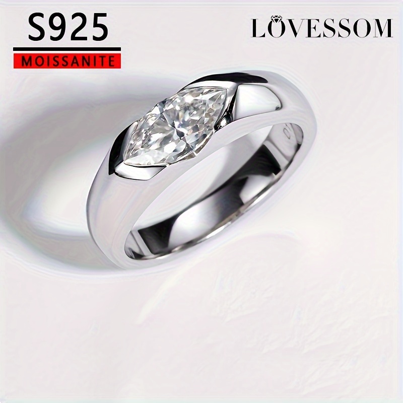 

925 Silver 1 Carat Olive-shaped Cut Moissanite Bead Decor Ring, With Gift Box