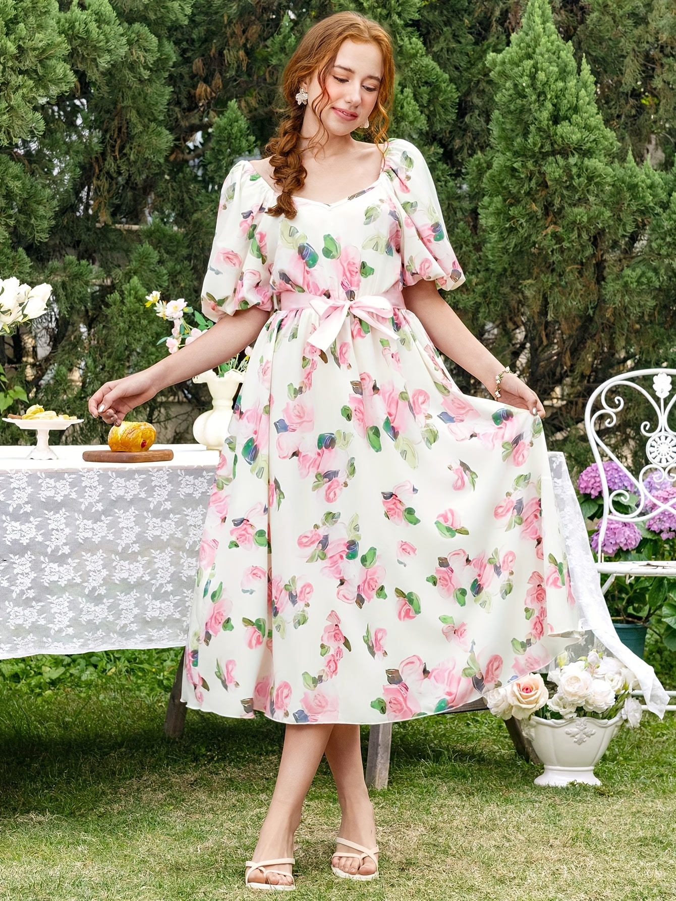 womens spring summer floral print bubble sleeve midi dress - Temu Ireland