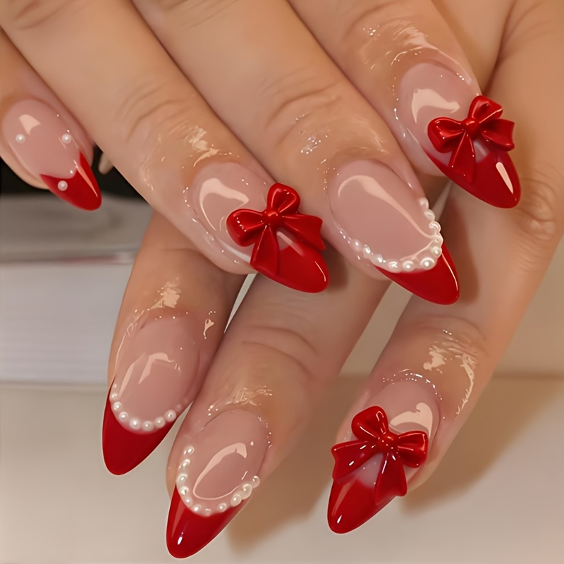 24pcs Medium Almond Shape Red Bowknot Decor 3d Three-dimensional Decoration Pearl Elegant Easy To Apply & For Women's Everyday Wear