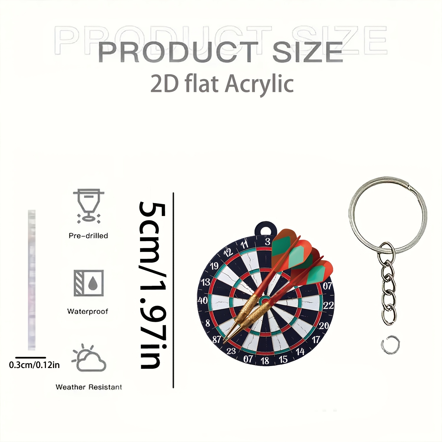 TEMU Portachiavi piatto 2D, Portachiavi acrilico piatto 2D, Regalo per appassionati di darts, Portachiavi stampato in acrilico, Articolo decorativo