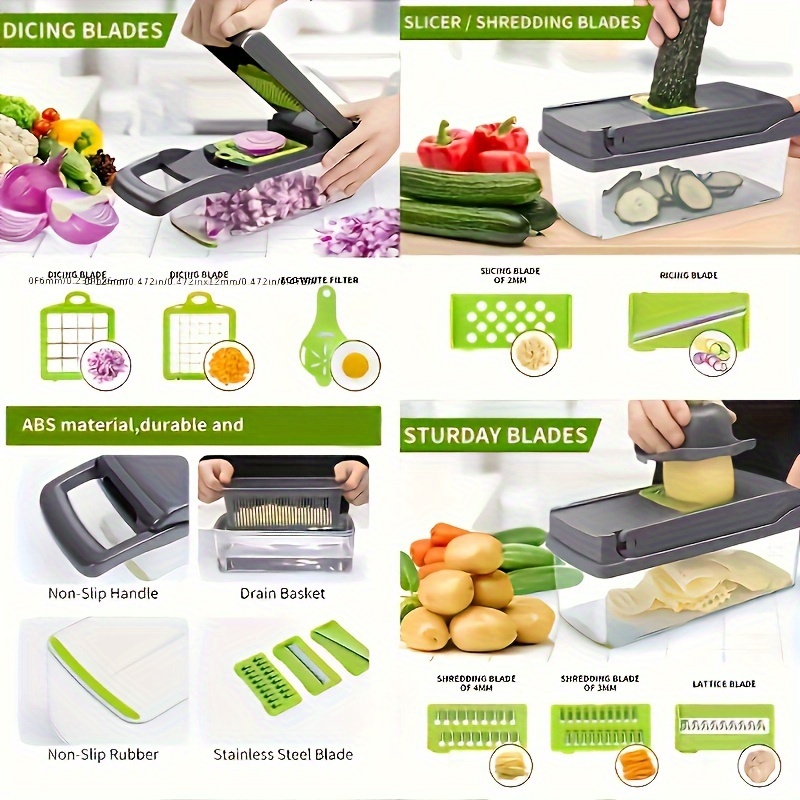 16 in 1 vegetable chopper multifunctional manual food   kitchen cutter with container mandoline for onion carrot garlic uncharged plastic kitchen gadget set with drain basket details 1