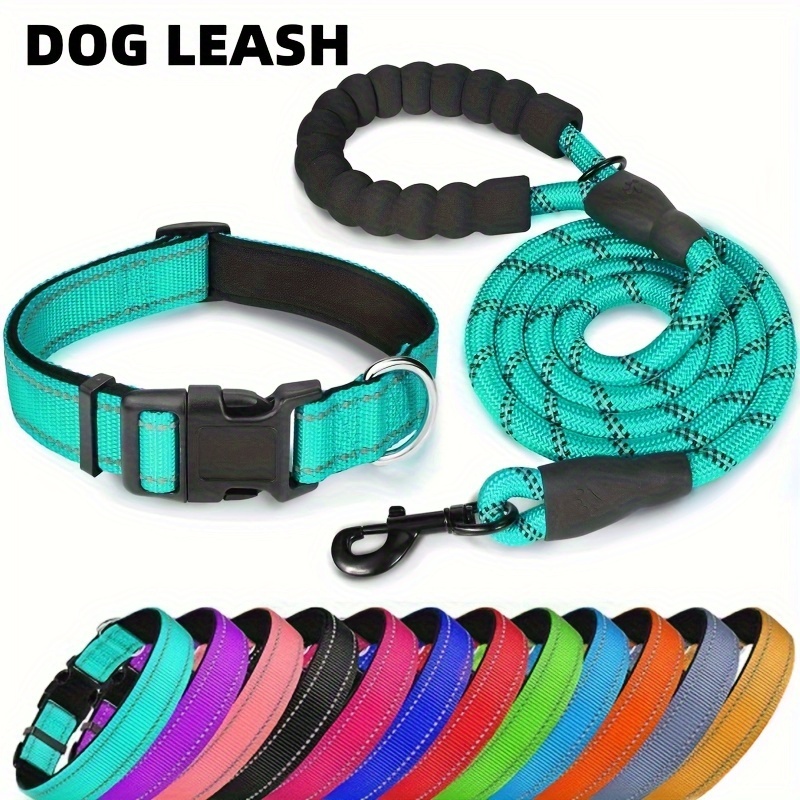 

Stylish & Nylon Dog Leash And Collar Set For Medium & Large Breeds - Explosion-proof, Machine Washable, With Handle In Teal, Black, Pink, , And Gray