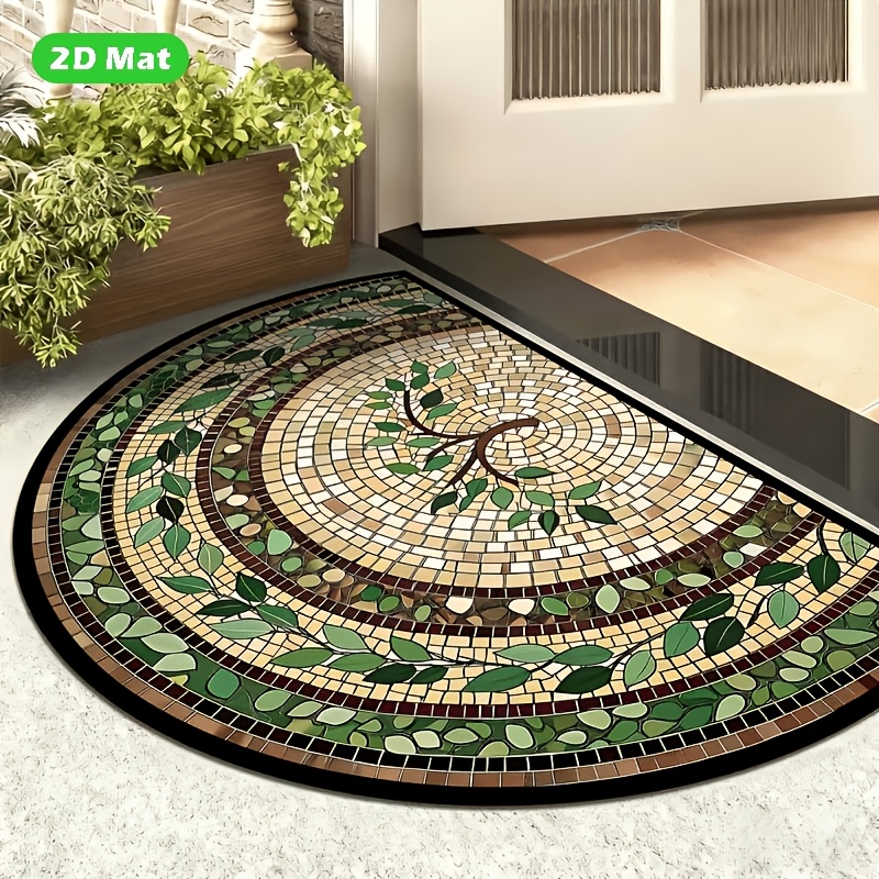Image of 2d Mat-retro Mosaic Door Mat, Ethnic Plant Vine Pattern Stone , Semi-circular Anti-slip Entrance Mat, Suitable For Home Decoration And Outdoor Use | Semi-circular Door Mat