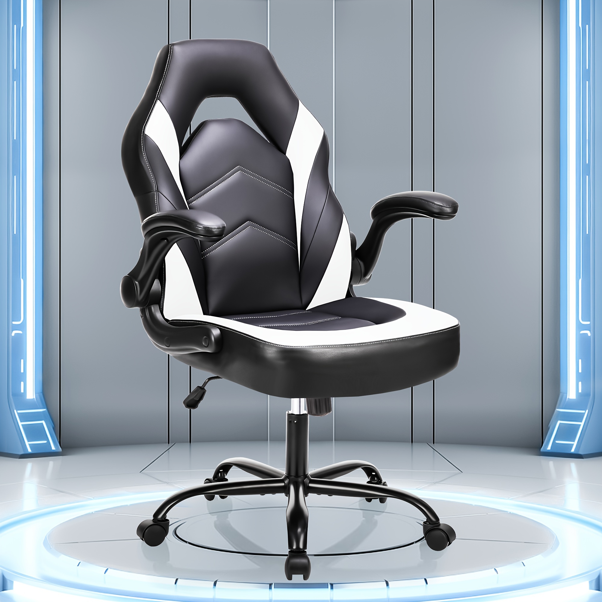 

Faux Leather Gaming Chair, Pu Leather Office Chair Flip-up Arms Height Adjustable Desk Chair With Wheels Computer Chair With Lumbar Support