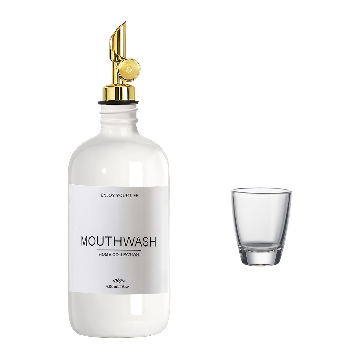 TEMU Mouthwash Dispenser Set For Bathroom, Refillable Container With Cup, 600ml Mouthwash Pump Bottle Set