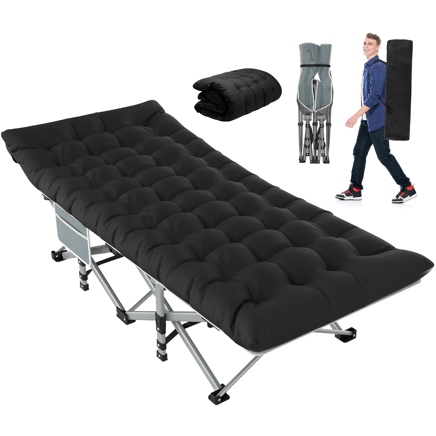 Lit De Camp Pliable 1 Personne Avec Pochettes 150 Kg De Charge Maximale Gris - Lit