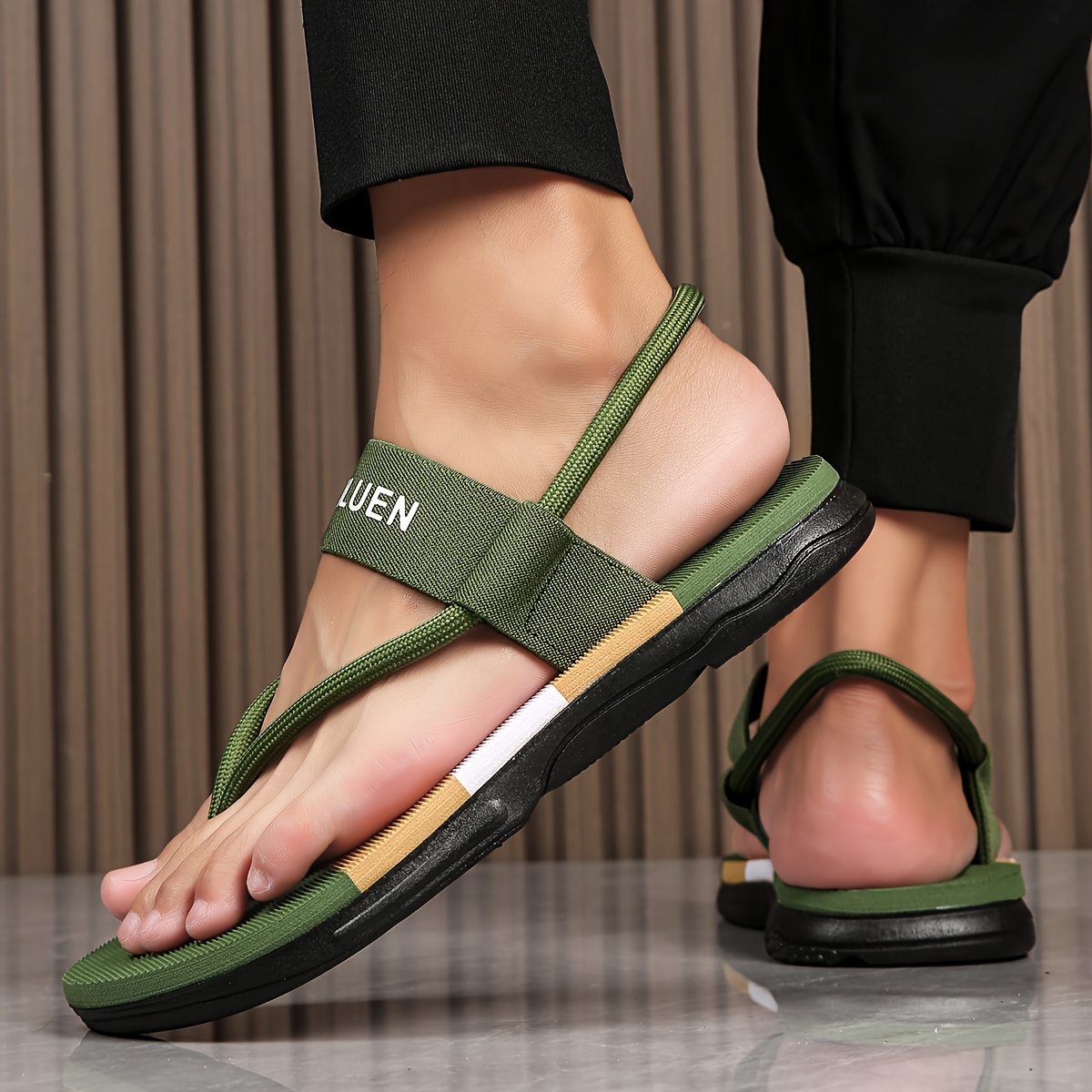 mens casual flip flops with   letter print striped design durable fabric upper non slip pvc sole comfortable eva insole   versatile for beach pool   beach accessories poolside footwear Product details 6