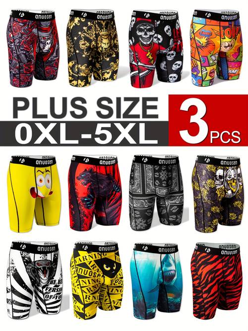 Plus Size 3pcs Random Assortment Men's Long Sports Underwear for Valentine's Day - Extra Large, Moisture-Wicking, Cartoon Striped Plaid Animal Print, Extended Length Anti-Chafing Boxer Briefs with Positional Prints, Breathable Elastic Comfort Casual Boxing Shorts, Oversized Printed Long Men's Panties, PLUS SIZE