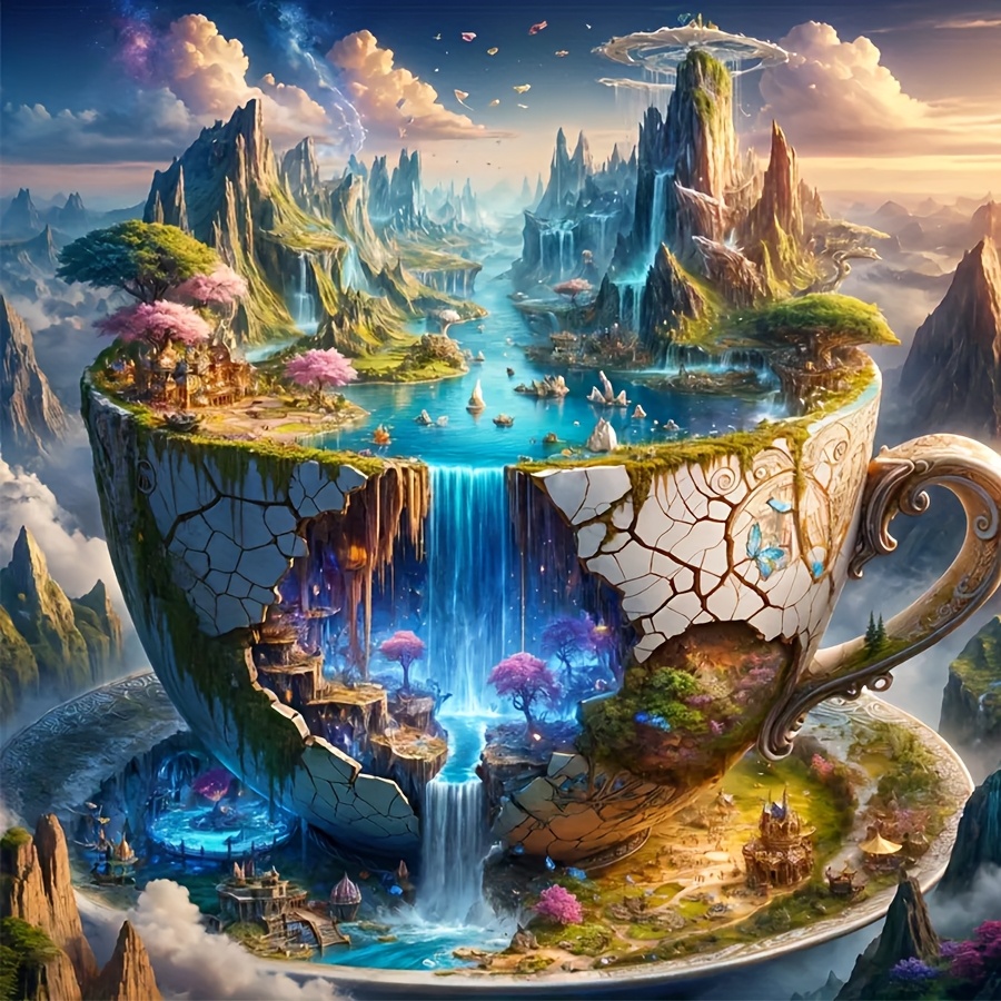 Image of Mountain And Sea Waterfall Theme 5d Diy Diamond Painting Unframed - Full Diamond Round Acrylic Mosaic Handicraft Home Wall Decoration Birthday Gift