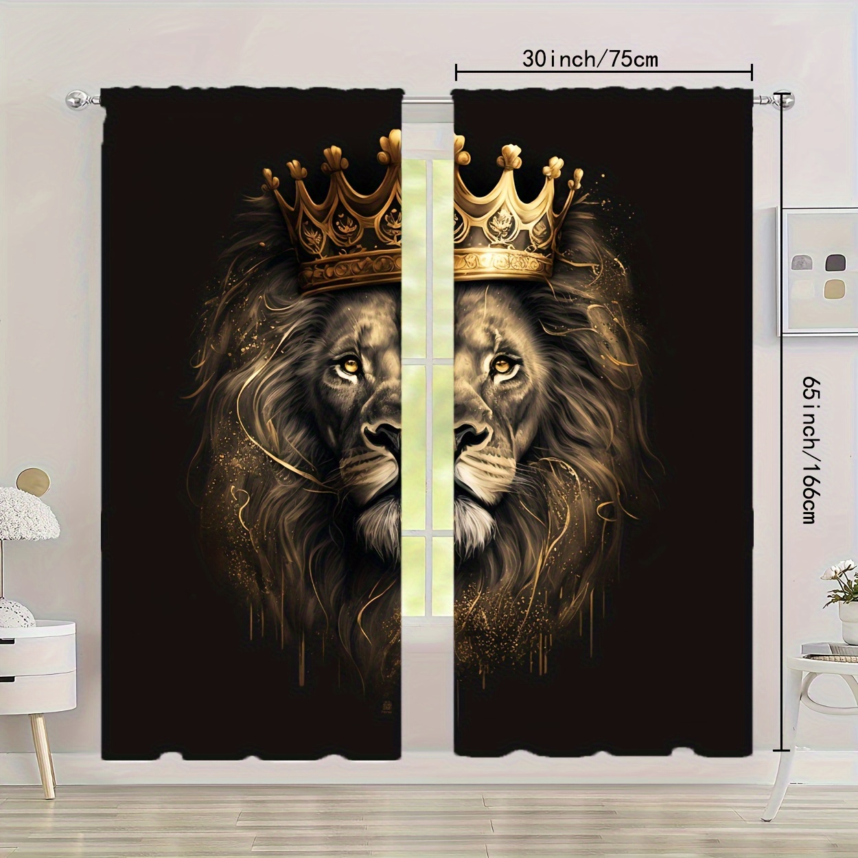 Image of 2pcs Lion Pattern Curtains, Rod Pocket Decorative Window Drapes, Window Treatments For Bedroom Living Room Study, Home Decoration, Room Decoration
