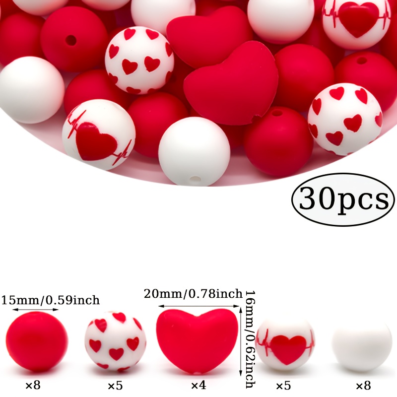 E-shop Ein Set aus 30 herzförmigen Silikonperlen aus der Valentinstags-Kollektion, kombiniert mit roten, bedruckten, runden, losen Spacer-Perlen, für