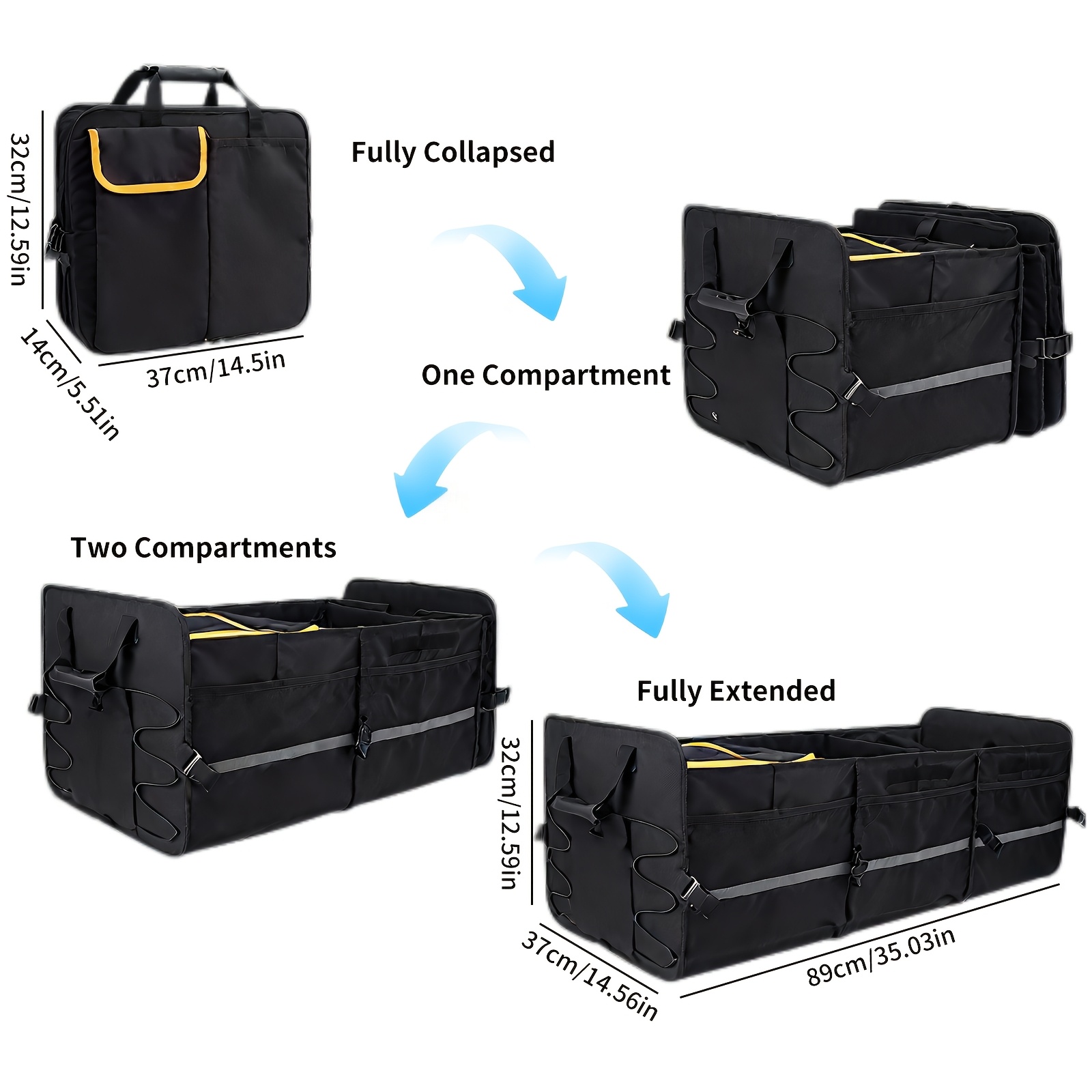 TEMU 1pc 115l Foldable Car Storage Box, With Multiple Adjustable Compartments, For Storing Groceries, Daily Necessities, Sports Equipment And Other