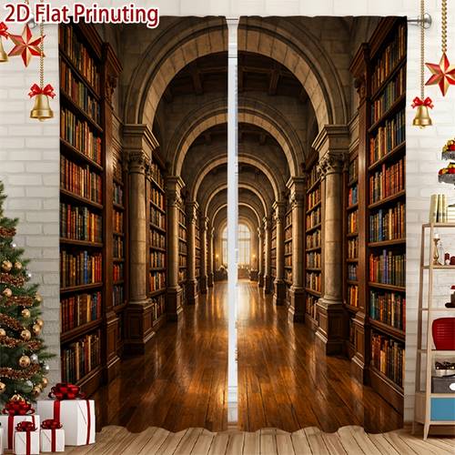 2pcs library gallery printed curtains soft light filtering privacy protection rod pocket installation suitable for living room kitchen bedroom study balcony apartment home decor curtain rod not included