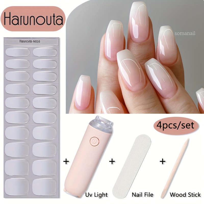 TEMU Harunouta 20strips Semi Cured Gel Nail Strips Set With Hand Held Nail Lamp Kit Gel Nail Stickers Glitter Flower Gel Nail Wraps Gel Polish