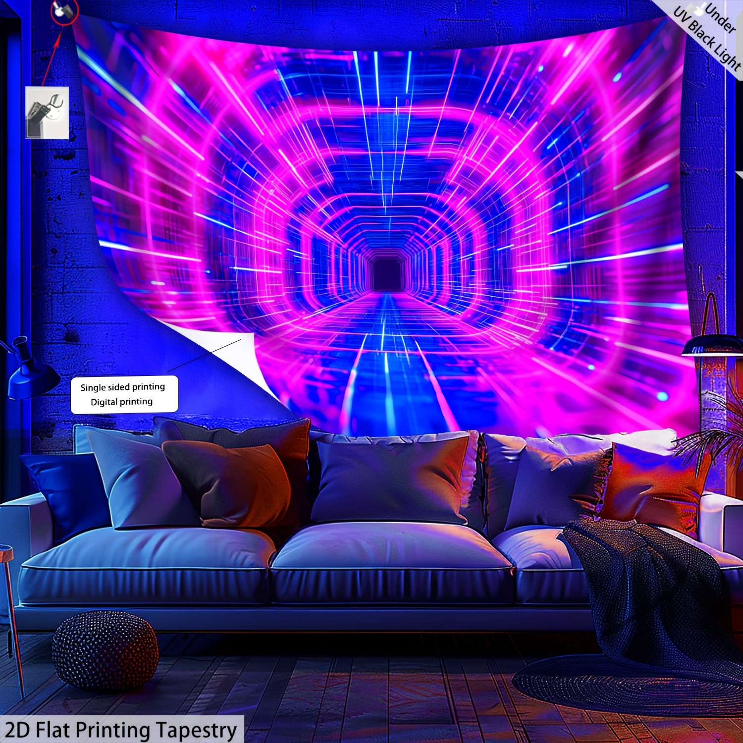 TEMU 2d Flat, 2d Flat Printing Tapestry - 1pc Geometric Space - Glow In The Uv Light Tapestry, Large Scale Fluorescent Printed Tapestry, Suitable For
